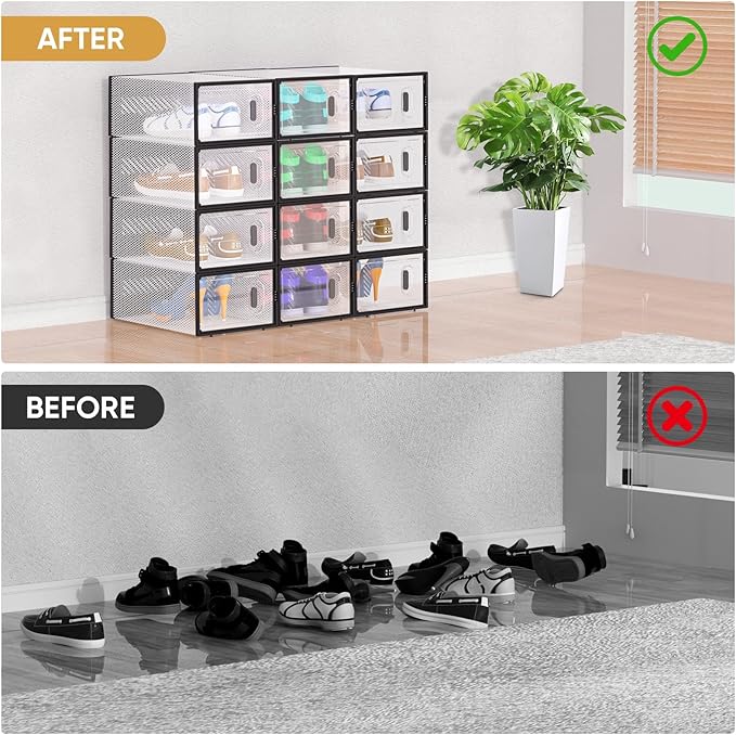 BALEINE 12 Pack Stackable Shoe Storage Boxes Fit Size 11, Thickened Clear Shoe - Image 7