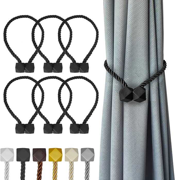 Hion Magnetic Curtain Tiebacks Black 6 Pack, Curtain Tiebacks Buckles Holdbacks by Hion