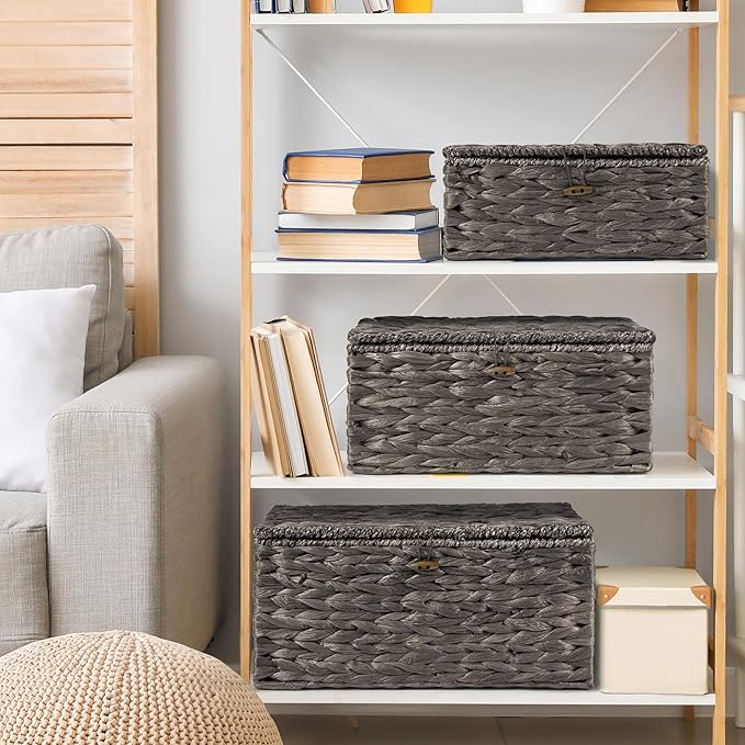 Wicker Storage Baskets with Lids and Handles, Hand Woven Rattan Storage Bins Box - Image 4