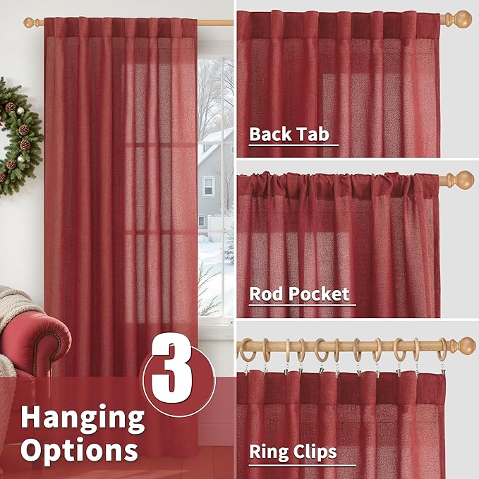 YoungsTex Red Linen Semi Sheer Curtains 84 Inch Length - Image 6