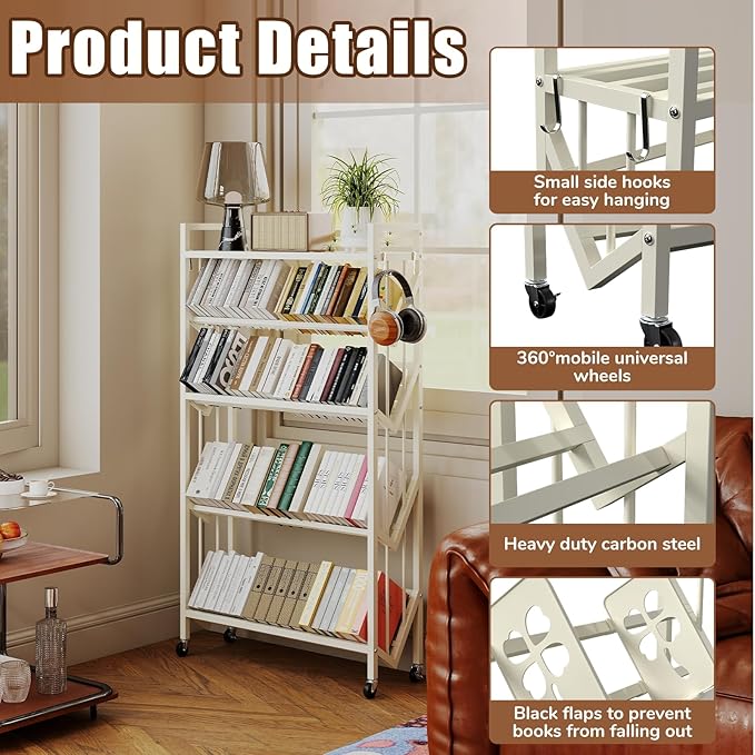 Book Carts 5 Tier 57.7x35.4x9.84 in Rolling Book Cart Large Capacity Bookshelf - Image 3