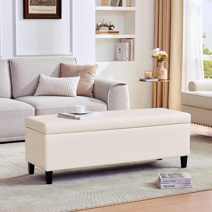 HUIMO Faux Leather Storage Ottoman Bench 50.3 inch Extra Long Upholstered - Image 7