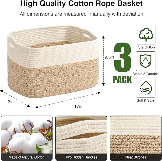 Large Storage Baskets for Organizing Shelves, Woven Cotton Rope Bins for Baby - Image 3