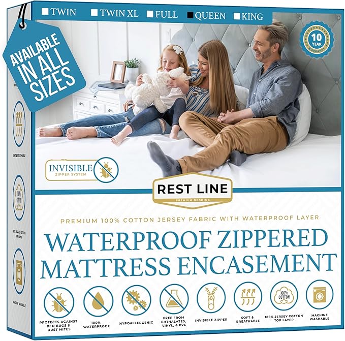 Queen Size 60x80” Premium Waterproof Zippered Mattress Encasement, 100% Cotton by RestLine