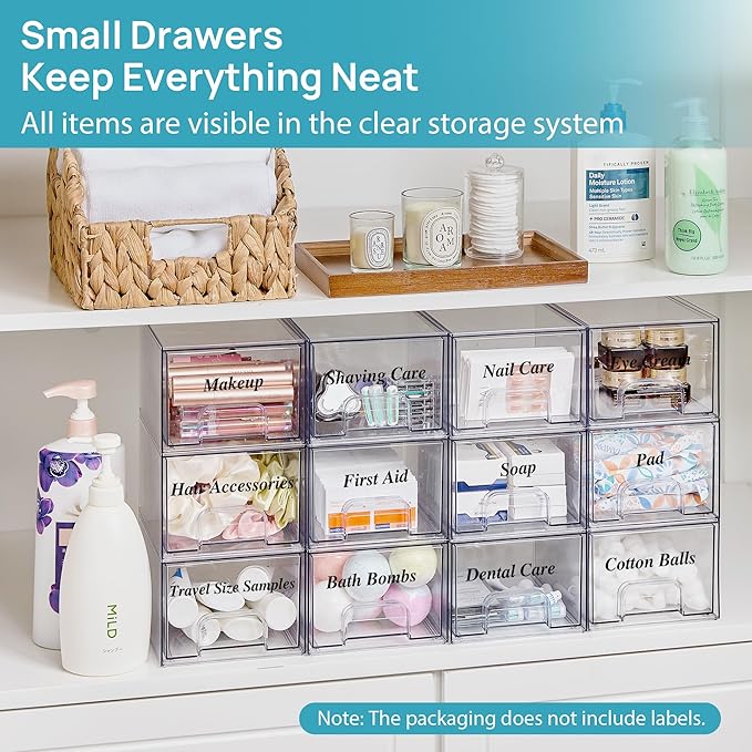 Vtopmart 8 Pack Clear Small Stackable Storage Drawers, Acrylic Bathroom Makeup - Image 3