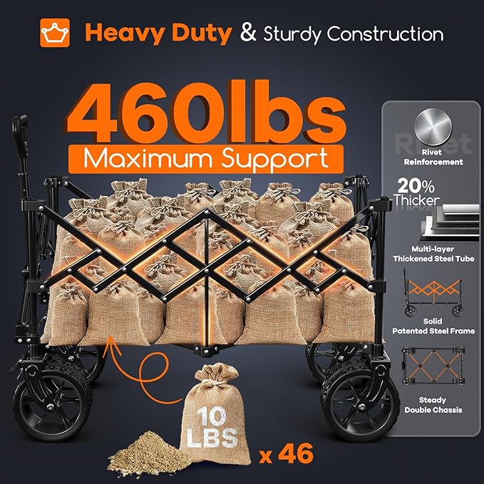 220L Collapsible Wagon Cart Foldable, 460lbs Load Capacity Heavy Duty Folding - Image 4