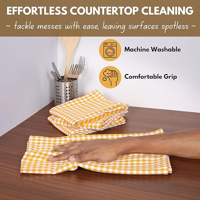 Native Fab 4 Pack Yellow Gingham Cotton Dish Towels 16"x26" - Image 2
