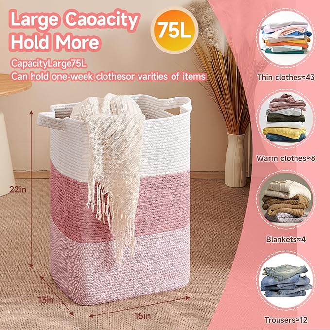 CLHMILY&Z 75L Laundry Hamper Rectangular Pink Rope Basket - Image 4