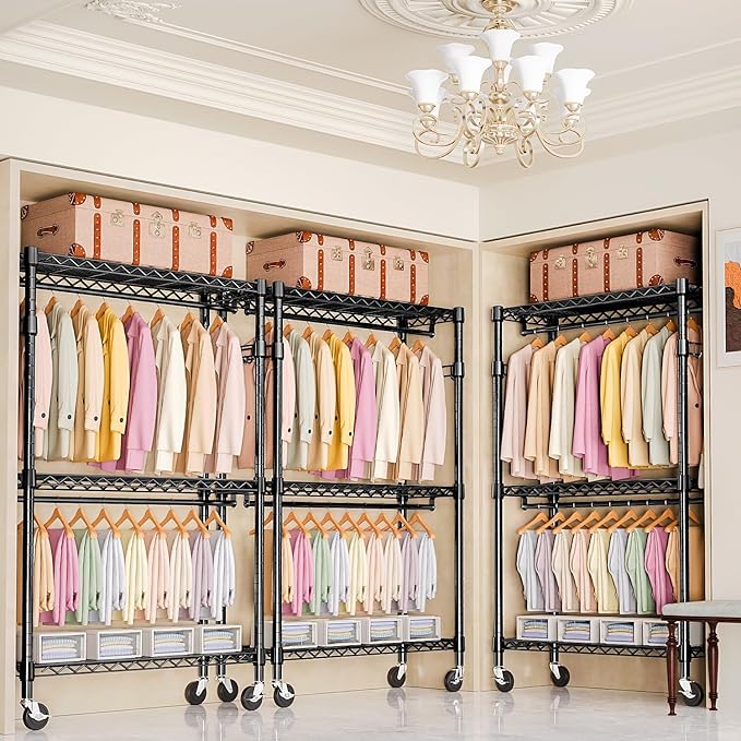 Heavy Duty Rolling Garment Rack 3 Tiers Adjustable Wire Shelving Clothes Rack - Image 6