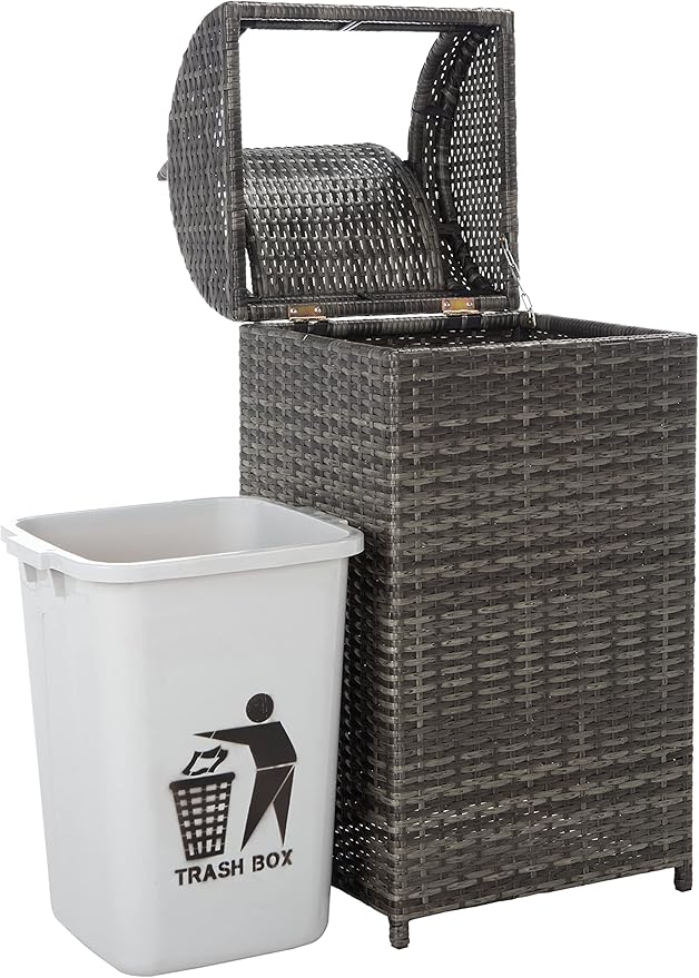 SAFAVIEH Outdoor Collection Mazeli Grey Brown Woven Swing Top Dome Lid Trash - Image 14