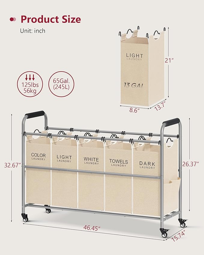 Tajsoon Laundry Sorter 5 Sections, Laundry Hamper - Image 6