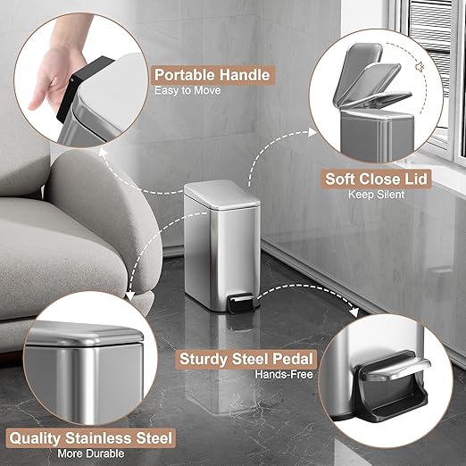 Small Trash Can with Lid Soft-Close, 6 L/1.6 Gal Bathroom Garbage Can with - Image 6