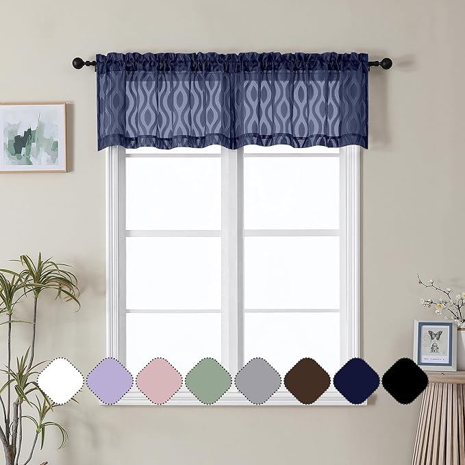 Aiyufeng Blue Valances for Windows, Chic Wavy Line Clip Jacquard Voile Sheer by Aiyufeng