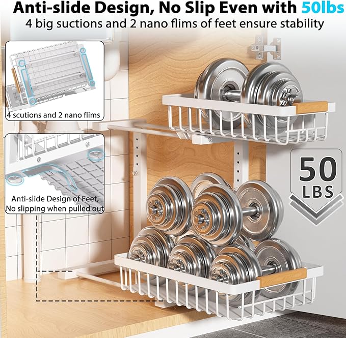Under Sink Organizer Storage 1 pack, 2 Tier Slide Out Height Adjustable Pull - Image 3