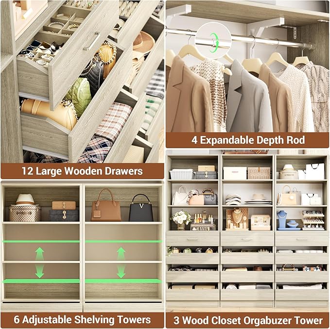 Aheaplus Closet System Set of 3, 138.5" Wood Closet Organizer System Tower - Image 3