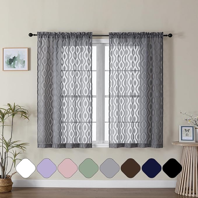 Aiyufeng Grey Sheer Curtains 45 Inch Length 2 Panels Set, Farmhouse Clip by Aiyufeng