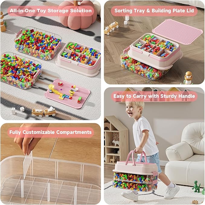 Toy Storage Organizer Box with Handle, Stackable Building Block Toy Box with - Image 3