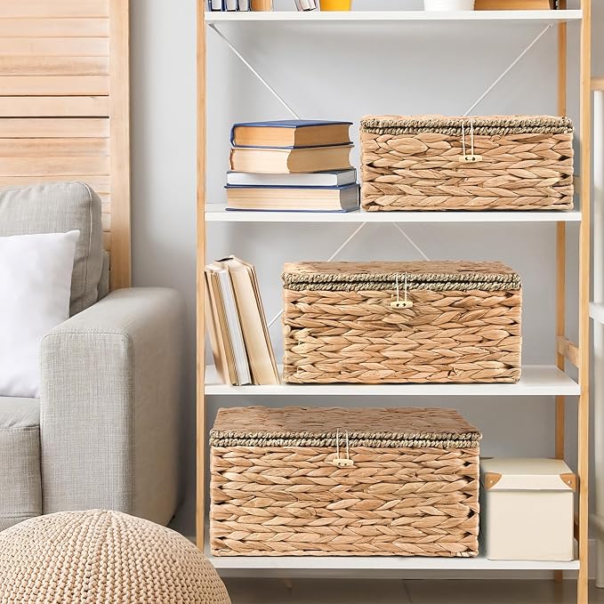 Wicker Storage Baskets with Lids and Handles, Hand Woven Rattan Storage Bins Box - Image 4