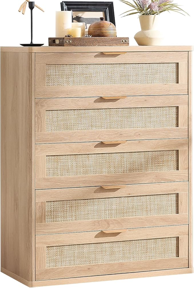 LEYAOYAO Rattan Dresser for Bedroom, Modern 5 Drawers Boho Dressers by LEYAOYAO-Findtheshiningpointofyourideallife%EF%BC%81