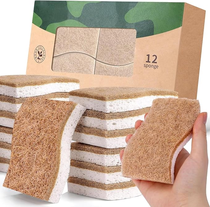 12Pack Natural Kitchen Sponge, Biodegradable Cellulose and Coconut Scrubber by JiedHiur