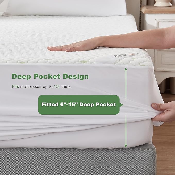 Waterproof Mattress Protector, Twin Size Mattress Pad Fitted 6"-15" Deep Pocket - Image 5
