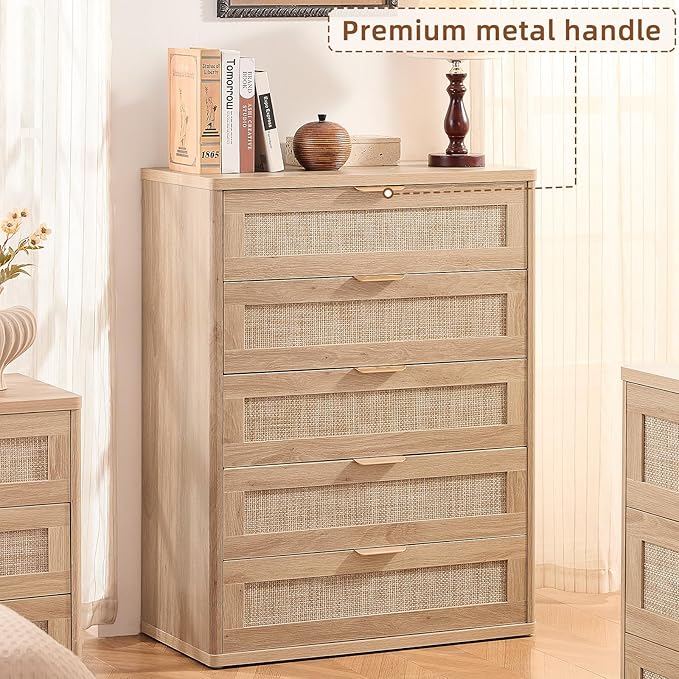 LEYAOYAO Rattan Dresser for Bedroom, Modern 5 Drawers Boho Dressers - Image 6