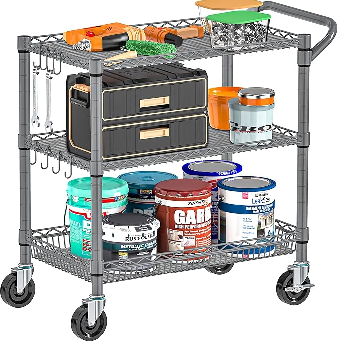 Metal Heavy Duty Carts with Wheels 1050lbs, 3 Tier Rolling Utility Cart with - Image 6