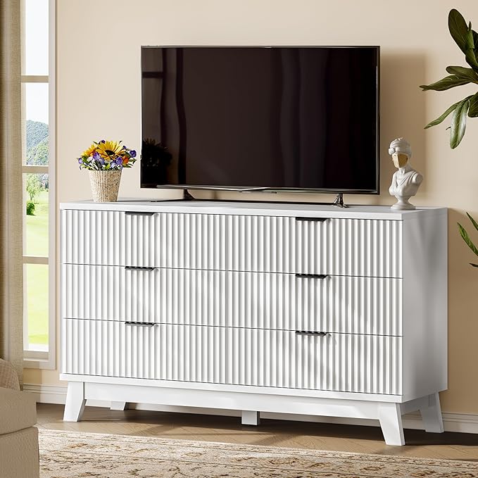 Fluted Dresser with 6 Drawers, Wooden Dresser TV Stand, Wood Closet Clothes - Image 7
