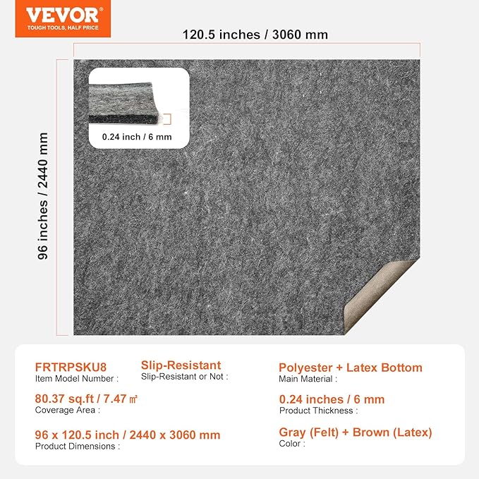 VEVOR - Slip-Resistant Rug Pad - Protective Cushioning Carpet Pad - 8' x 10' - - Image 7