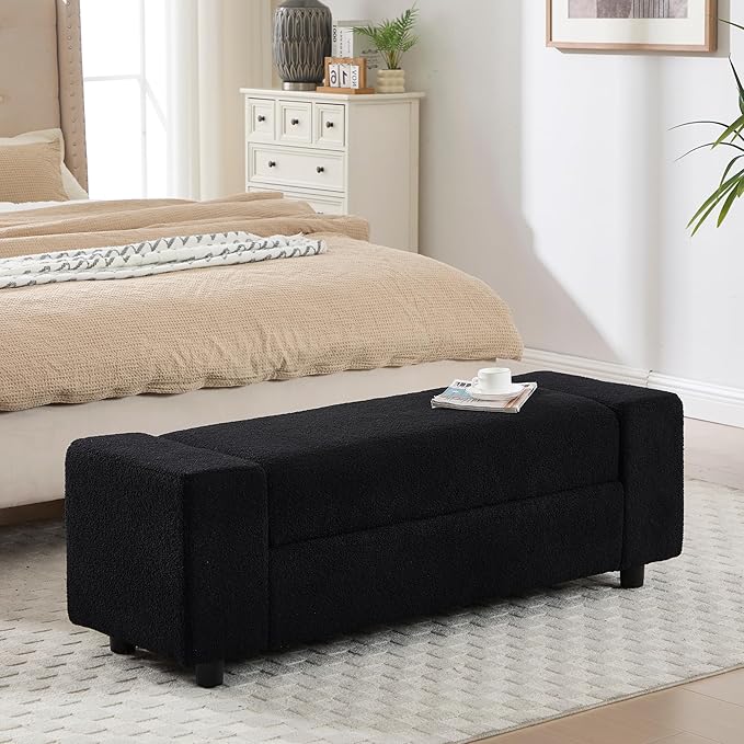 Teddy Storage Ottoman Bench, 55 Inch Upholstered Boucle Comfy Sherpa End of Bed by Janoray