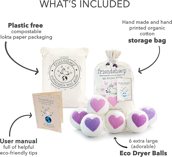 Friendsheep Organic Wool Dryer Balls Pink Purple Hearts 6 Pack XL Premium - Image 4