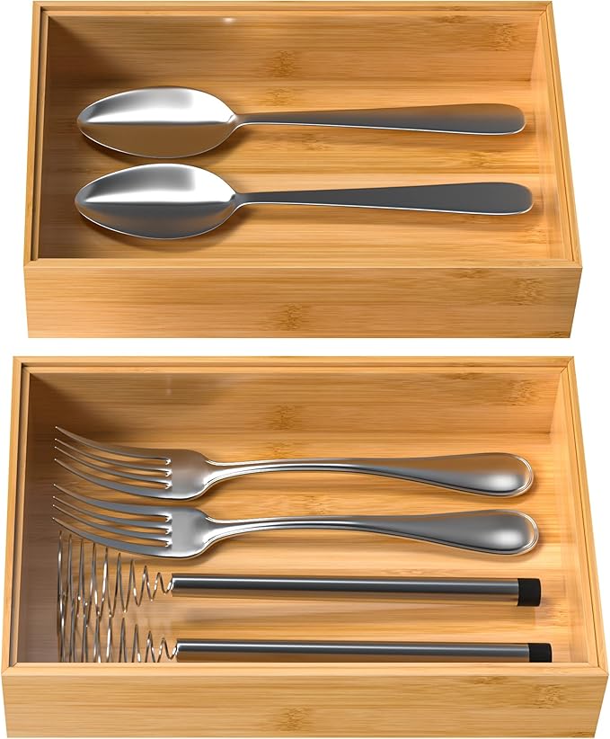 Silverware Tray for Drawer, Stackable Kitchen Bamboo Drawer Organizer 9" x 6" x - Image 7
