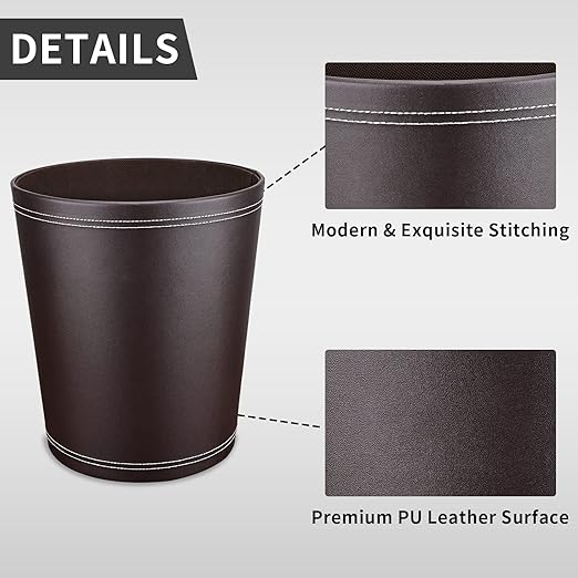 Pu Leather Trash Can for Bedroom, 2.6 Gallon Wastebasket for Office, Small - Image 3