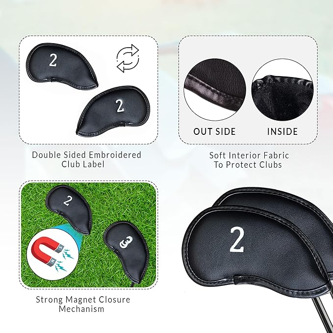 Premium Magnetic Leather Iron and Wedge Golf Club Head Covers | Set of 10 | - Image 3