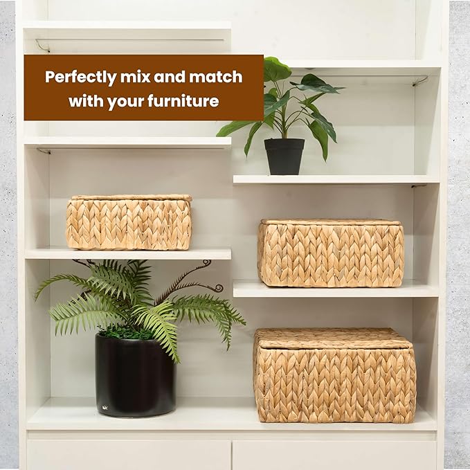 Wicker Storage Baskets with Lid, Set 3 Basket With Lid Decorative Storage - Image 4