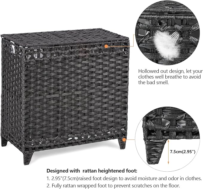 Laundry Hamper with 3 Removable Liner Bags; 132L Handwoven Rattan Laundry - Image 5