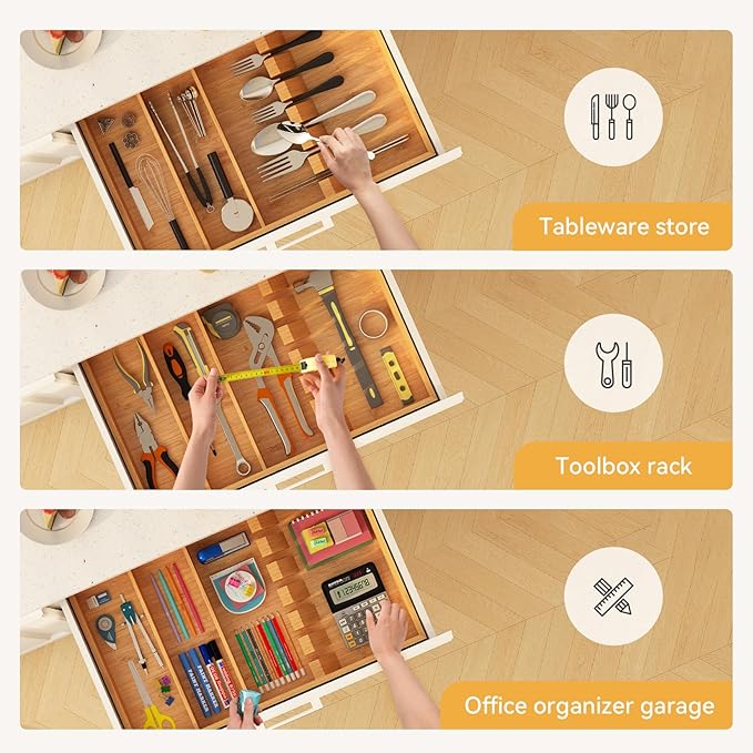 Yofidra Pure Bamboo Silverware Drawer Organizer: 16.53" Lx10 Wx1.93 H Large - Image 5