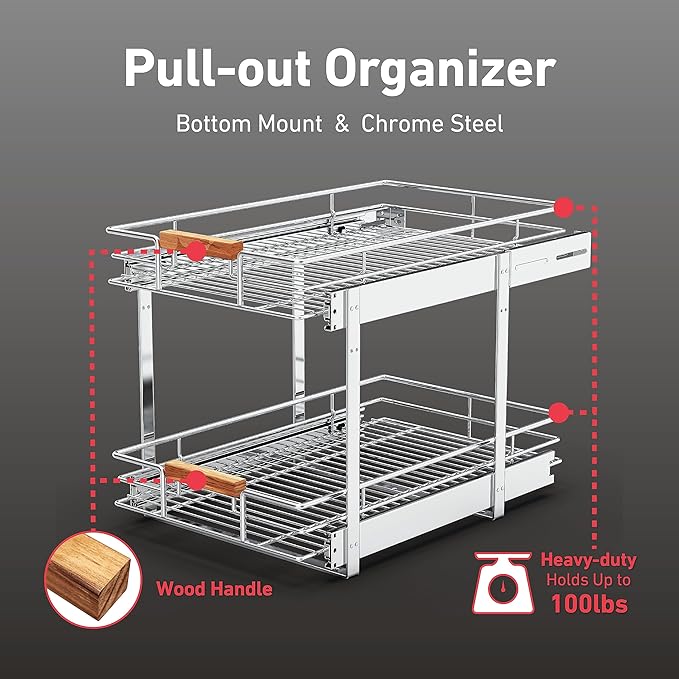 Pull Out Cabinet Organizer, 2 Tier Wire Basket Slide Out Shelf Storage - Image 2