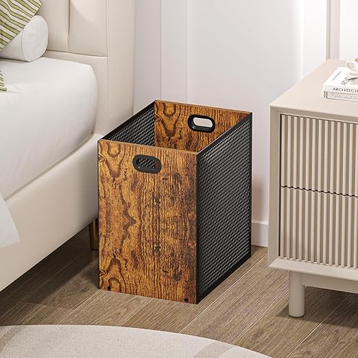 Retro Office Trash Can, Iron and Wood Combination Bedroom Garbage Can, - Image 4