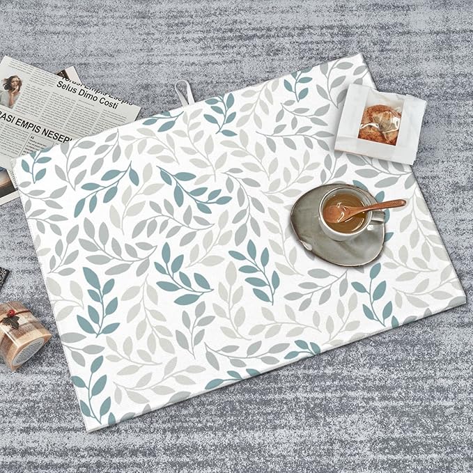 Grey And Blue Leaves Branches Microfiber Absorbent Reversible Dish Drying Mat - Image 8