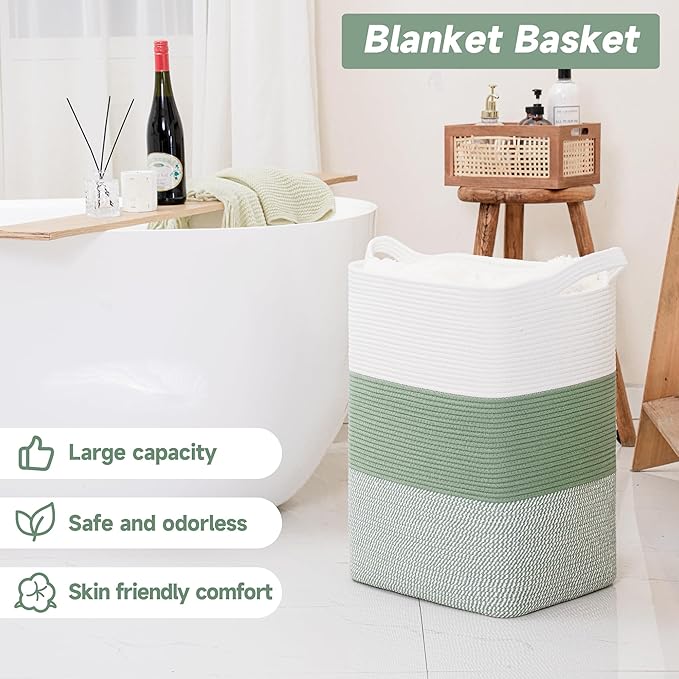 CLHMILY&Z 75L Laundry Basket Rectangular Green Rope - Image 2