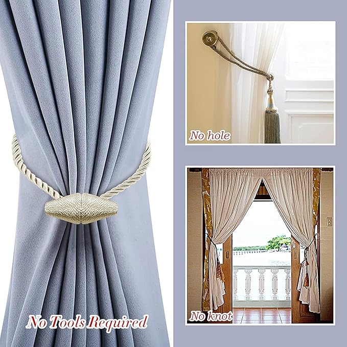 Hion Magnetic Curtain Tiebacks Beige 2pcs, Curtain Tiebacks Buckles Holdbacks - Image 6