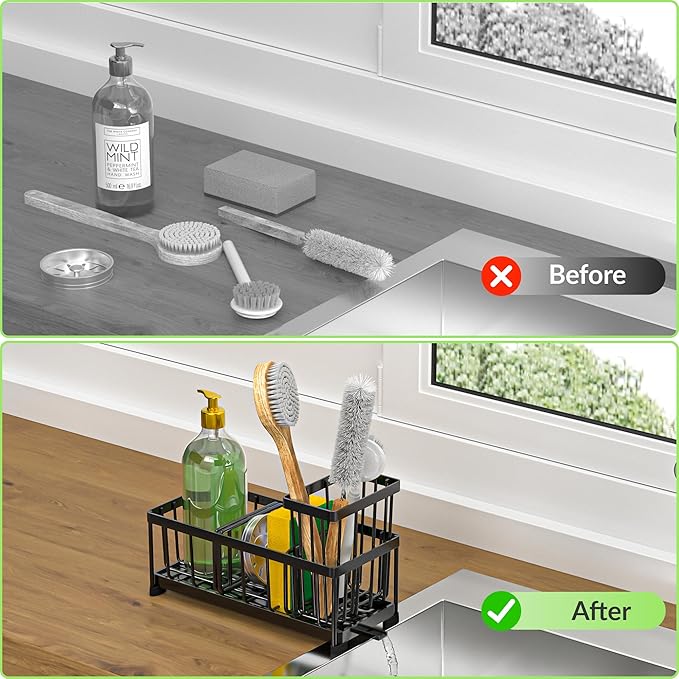 Black Sponge Holder for Kitchen Sink, Self-Draining Kitchen Sink Organizer - Image 6
