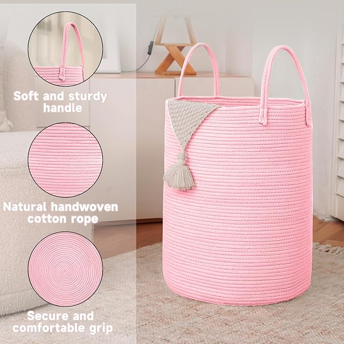 Large Woven Laundry Basket Hamper, 60L Cotton Rope Storage Bin - Image 6