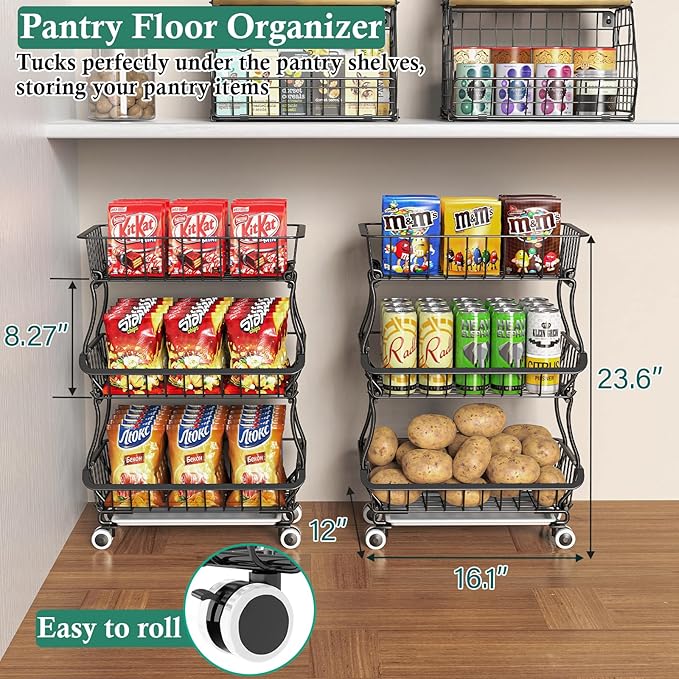 3-Tier Rolling Pantry Floor Organizer and Storage Cart - Image 2