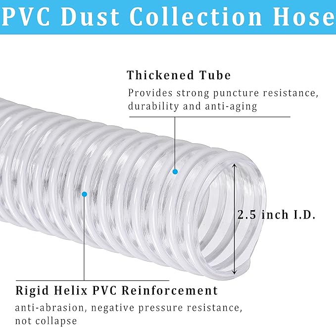 Dust Collection Hose 2-1/2 in × 20 ft Heavy Duty Clear Flexible PVC Reinforced - Image 2
