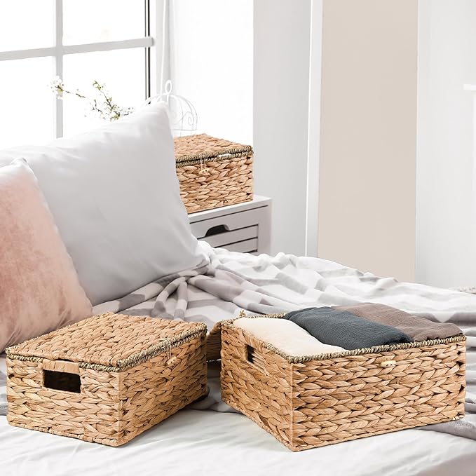 Wicker Storage Baskets with Lids and Handles, Hand Woven Rattan Storage Bins Box - Image 5