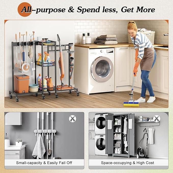 Broom Holder with Cleaning Supplies Organizer, Broom Closet Storage Cabinet - Image 7