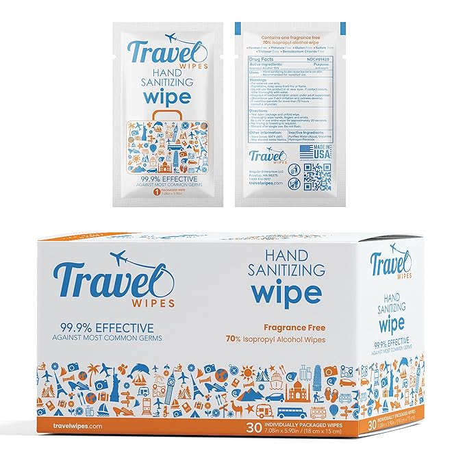 Hand Sanitizing Travel Wipes – 30ct Individually Wrapped | Fragrance-Free by TravelWipes