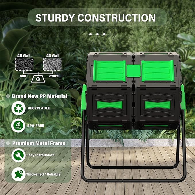 Compost Tumbler, 45 Gallon / 170L Dual Chamber Compost Bin Outdoor, 360° - Image 5